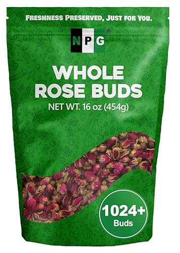 NPG Freeze Dried Rose Buds 16 Oz, Approx. 1,024 Whole Buds, Aromatic Herbal Tea & Edible Flowers for Baking, Bath, Soap Making, Crafts & Potpourri