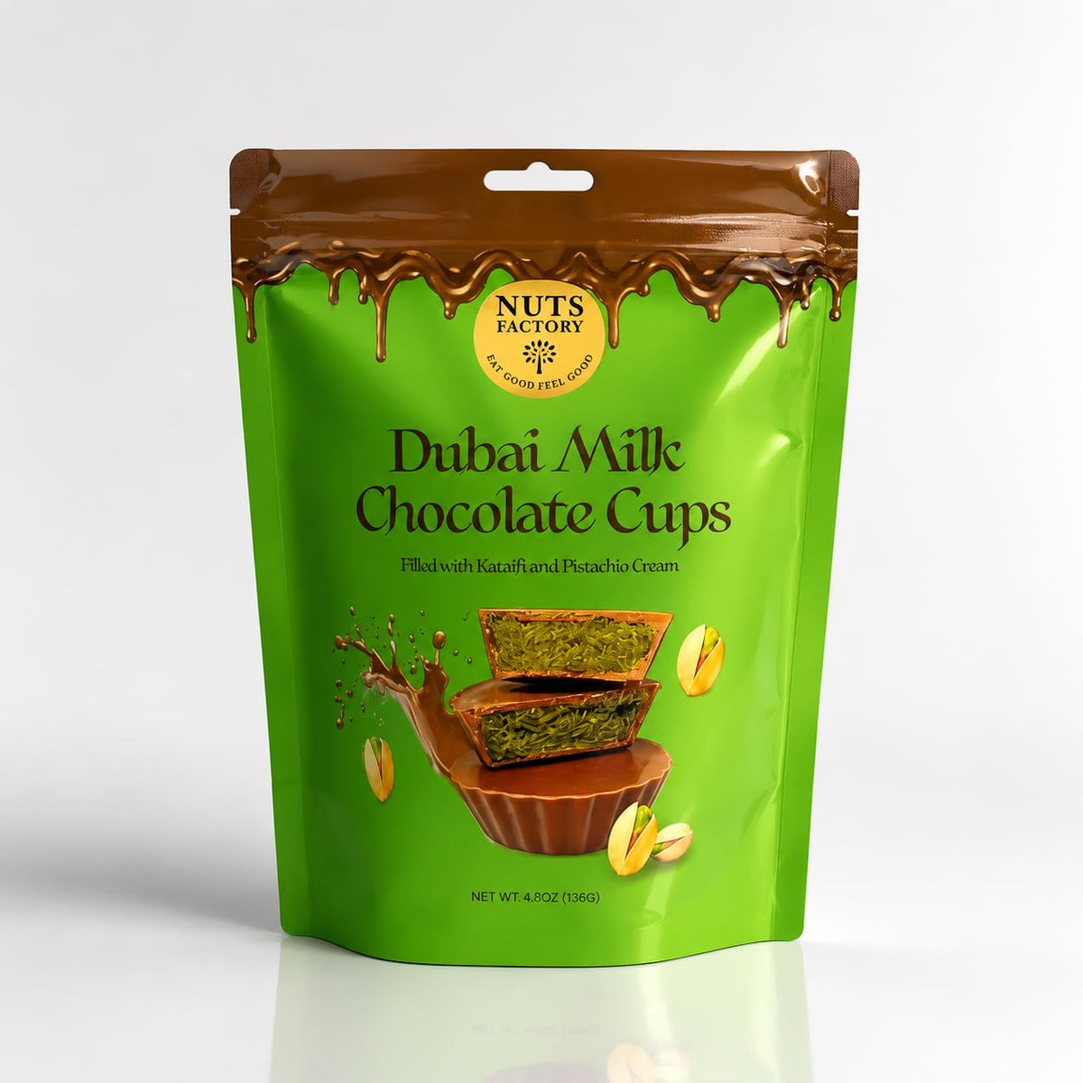 Nuts Factory Dubai Style Milk Chocolate Cups, Pistachio Cream & Crispy Kataifi Filling, Gourmet Filled Chocolate Dessert Treats, Resealable Pouch, 4.8