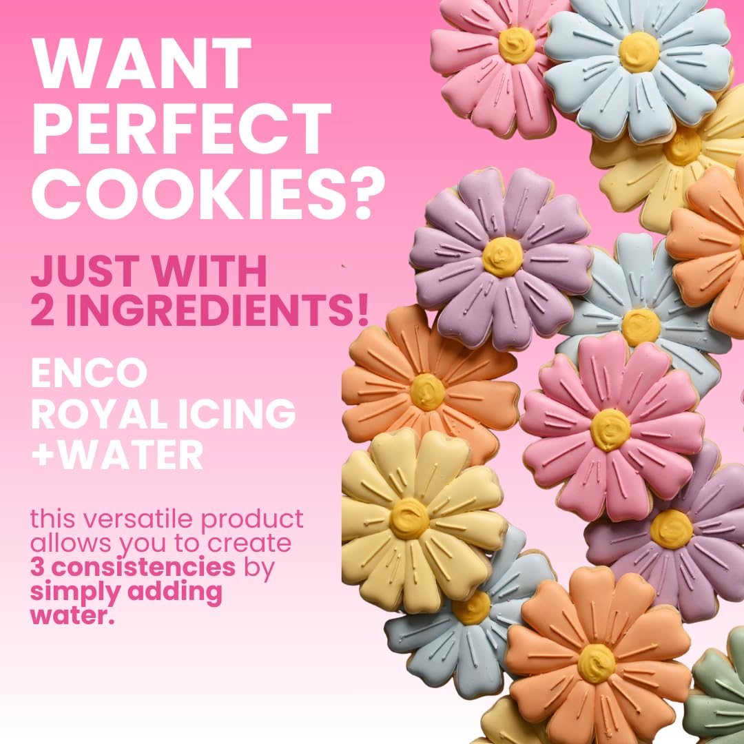ENCO White Royal Icing Mix, Vanilla Flavor - Easy to Use, Just Add Water, Smooth & Glossy Finish, Fast Drying, Versatile for Cookie Decorating (1.1 lb