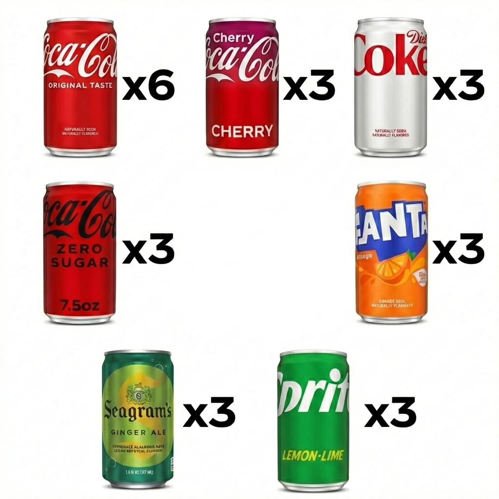 Coca-Cola Variety Pack - 24 Pack Assorted Mini Soda (7.5 Fl Oz Cans) - Coke, Cherry Coke, Diet Coke, Coke Zero, Fanta Orange, Seagram’s Ginger Ale