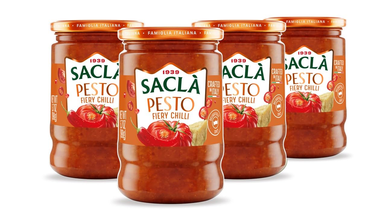 SACLA Fiery Chili Pesto 4-Pack | Hot & Spicy Italian Pesto Sauce with Red Chili Peppers & Tomatoes | FOUR 6.7 oz Jars - Non-GMO, Vegetarian | Imported