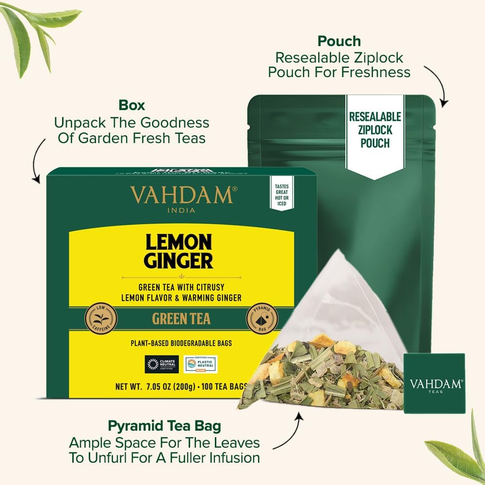 VAHDAM, Lemon Ginger Tea Bags (100 Green Tea Bags) Low Caffeine | Fruity Flavor - Zesty Lemon & Ginger, Orange Peel | Resealable Ziplock Pouch | Brew