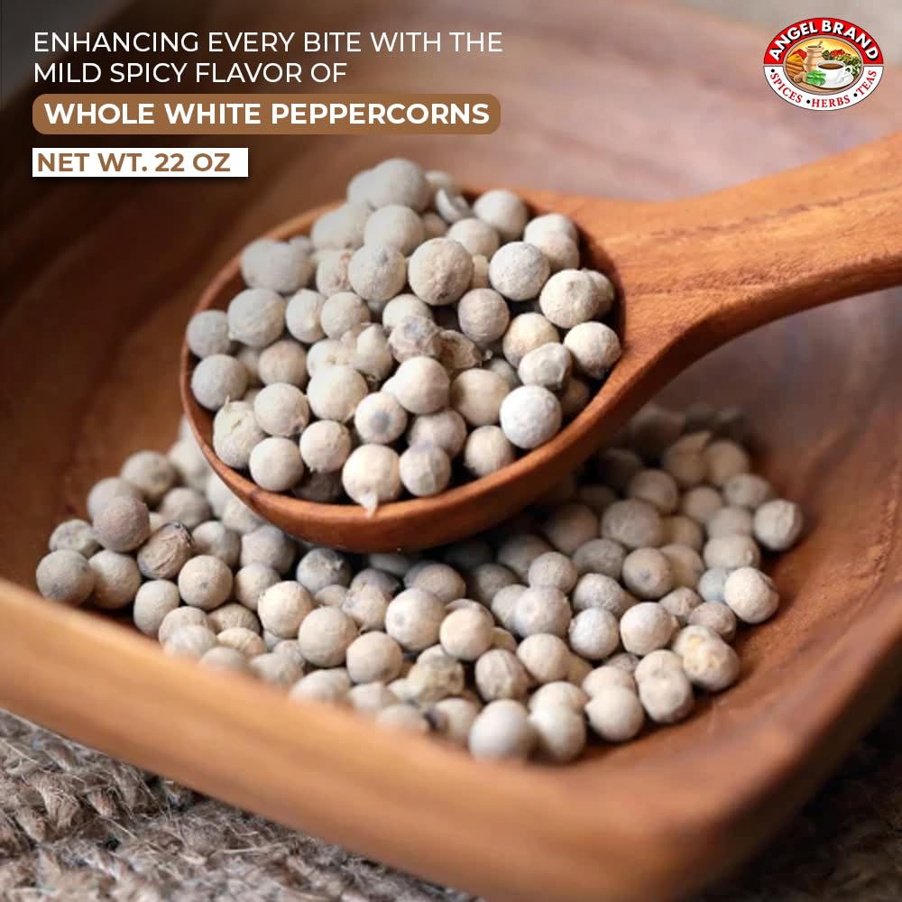 Angel Brand White Peppercorns Whole - 22 oz Bottle - Premium Pepper Corn for Grinder Refill, Perfect for Cooking and Seasoning.