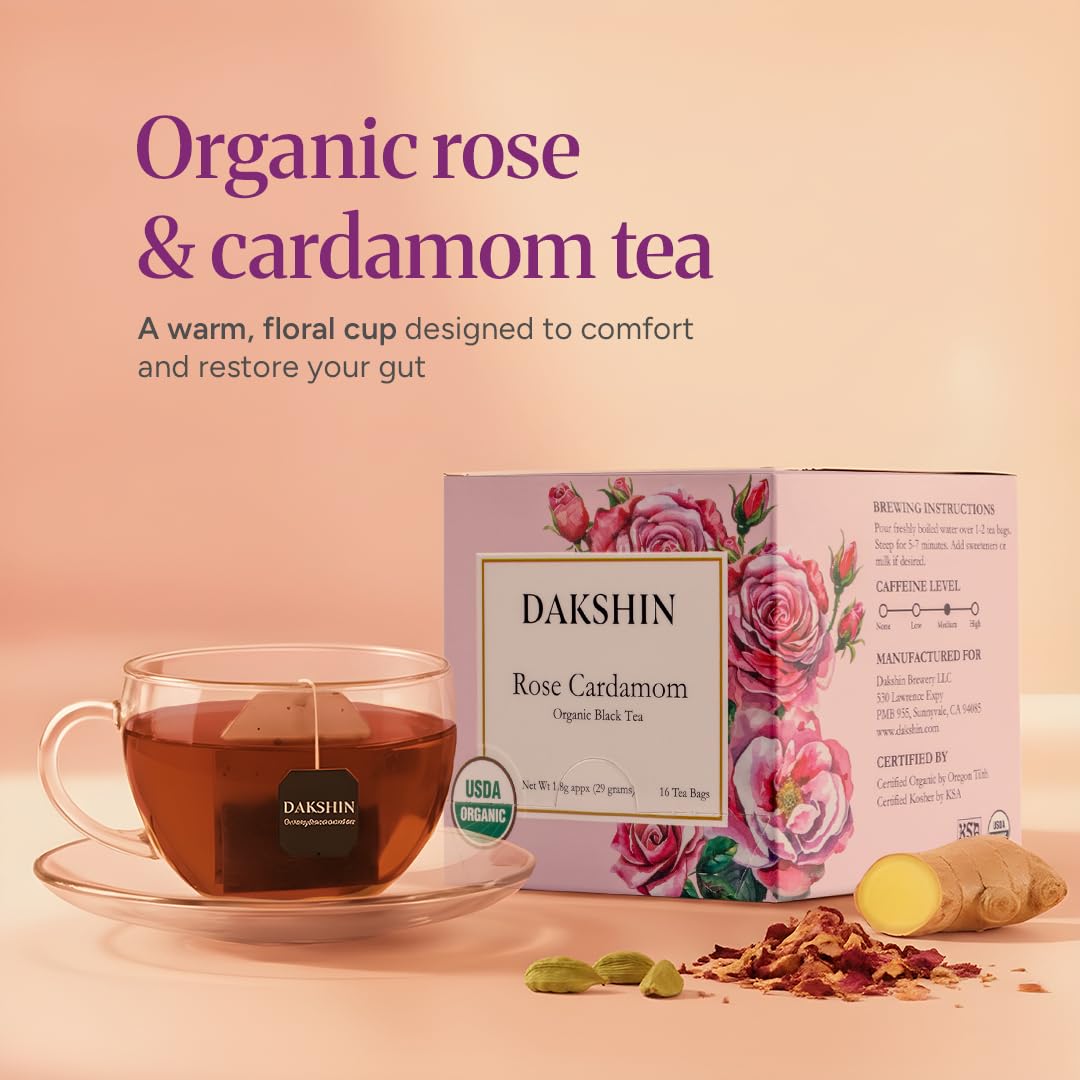 DAKSHIN Organic Rose Cardamom Tea Bags | Black Tea with Rose Petals, Ginger Root & Cloves | Naturally Warming & Comforting | USDA Organic | 16 Tea