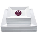 Aya's 60ct Square Plastic Disposable Plates, White - 9.5-Inch 30 Dinner and 6.5-Inch 30 Salad Plates for Party - Heavy-Duty Hard Plastic Design