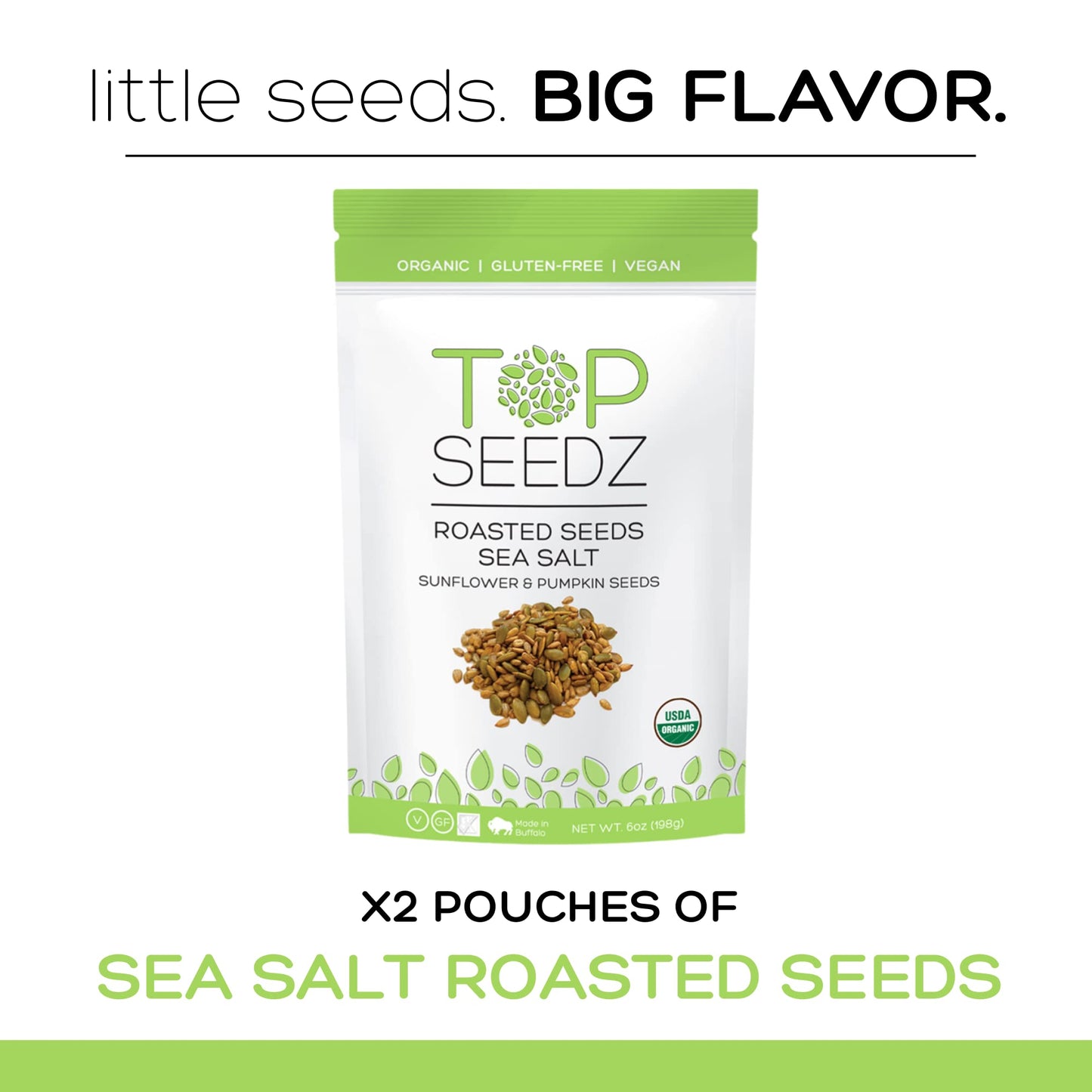 Top Seedz Certified Organic Gluten Free Vegan Sea Salt Roasted Seeds | 2-Pack | 6 Ounces | Made of Shelled Sunflower & Pumpkin Seeds, Sea Salt