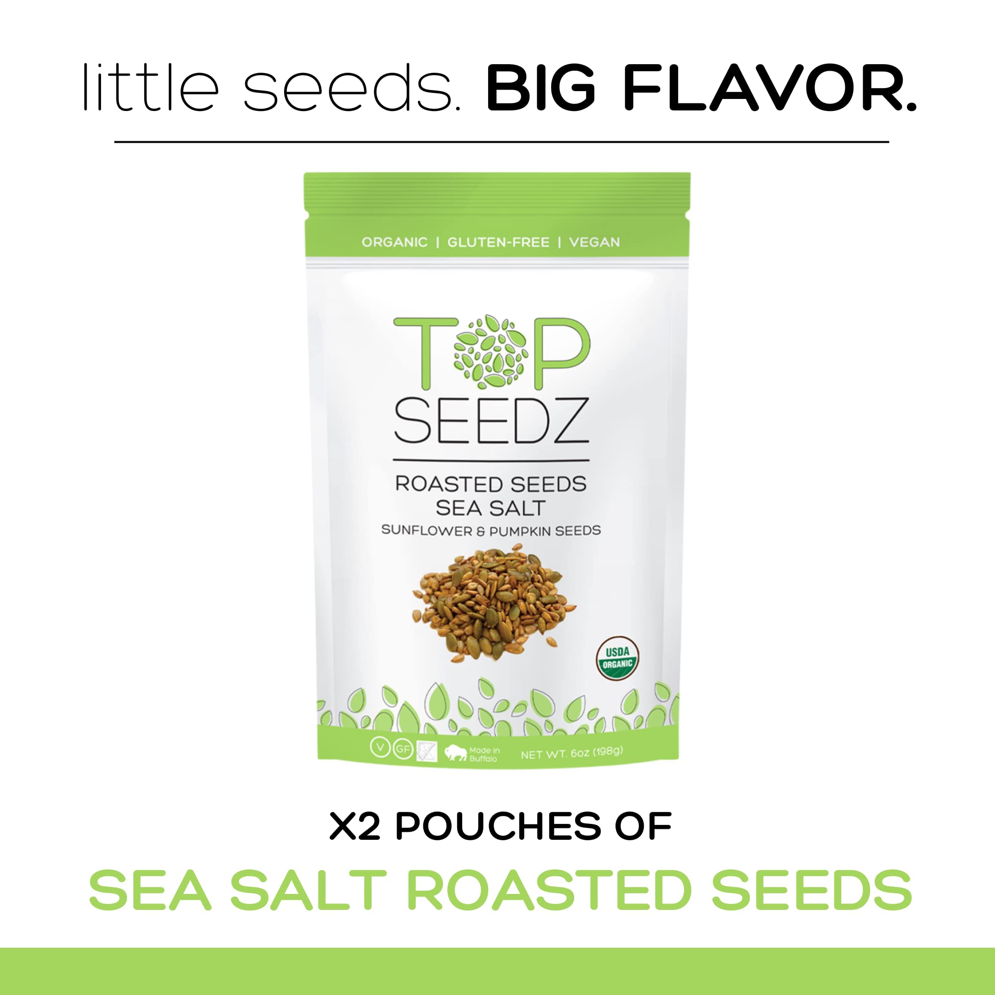Top Seedz Certified Organic Gluten Free Vegan Sea Salt Roasted Seeds | 2-Pack | 6 Ounces | Made of Shelled Sunflower & Pumpkin Seeds, Sea Salt