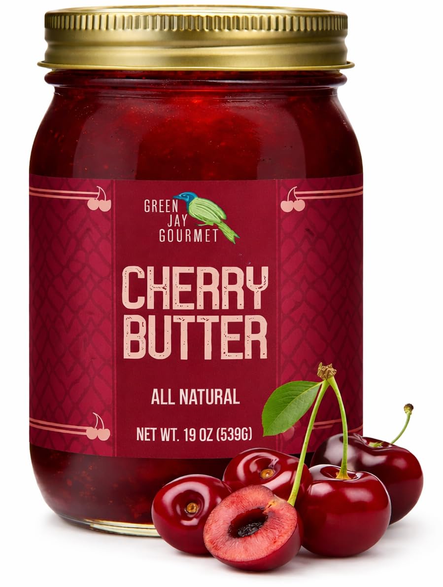 Green Jay Gourmet Cherry Butter - All-Natural, Gluten-Free Fruit Spread - Cherry Spread with Fresh Cherries - Gourmet Fruit Butter - No Corn Syrup