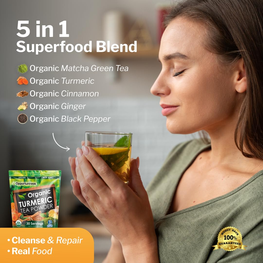 Opportuniteas Organic Turmeric Tea Powder - Matcha Green Tea, Turmeric, Cinnamon, Ginger, Black Pepper - Natural Joint Support - Vegan & Non-GMO - 30