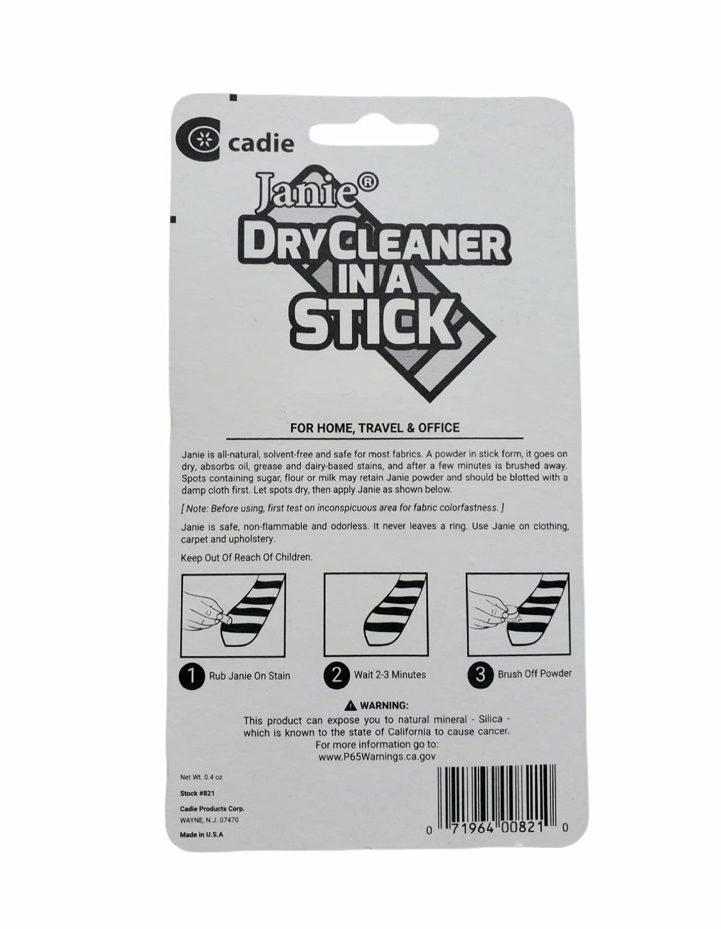 JANIE Dry Cleaner In A Stick,Dry Spot Cleaner,Stain Remover - Absorbs Most Grease,Oil,Dirt,& Food Stains.Use On Clothing,Carpet & Upholstery. (1 Pack)
