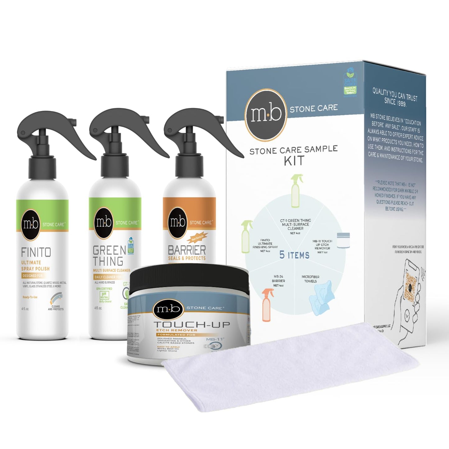 MB Stone Care Sample Kit - MB-11 Marble Etch Remover for Light to Neutral Colored Calcite Based Stone, GT-1 Green Thing, MB-24 Barrier Sealer, Finito