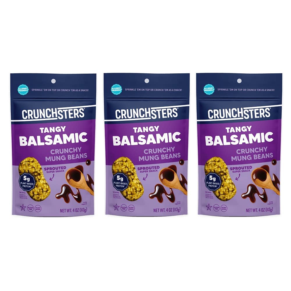 Crunchsters Sprouted Mung Beans, Plant-Based Protein Super-Snack and Salad Topper, Gluten-Free, Nut-Free, Vegan, 5g Protein/Serving, 4oz. Bags, Tangy