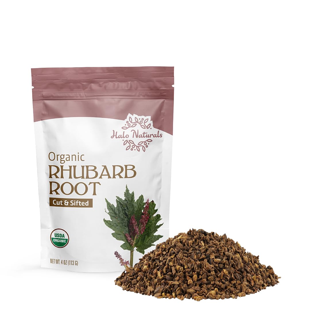 Halo Naturals Organic Rhubarb Root Cut & Sifted, 4 Ounces (Rheum palmatum) USDA Certified | Resealable Pouch| Packaged in The USA