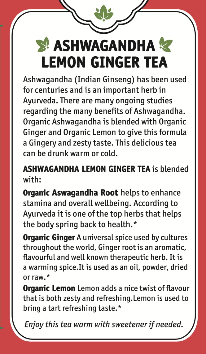 Herbal Cup Ashwagandha Tea, Organic Lemon Ginger, No Caffeine Herbal Teas (Organic Lemon Ginger, 16 Count (Pack of 6))