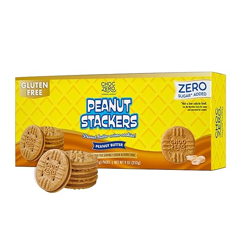 ChocZero Peanut Stackers Sandwich Cookies - Gluten Free, No Added Sugar, Keto Friendly Cookies with Peanut Butter Crème, 24 Cookies, 9 oz Box