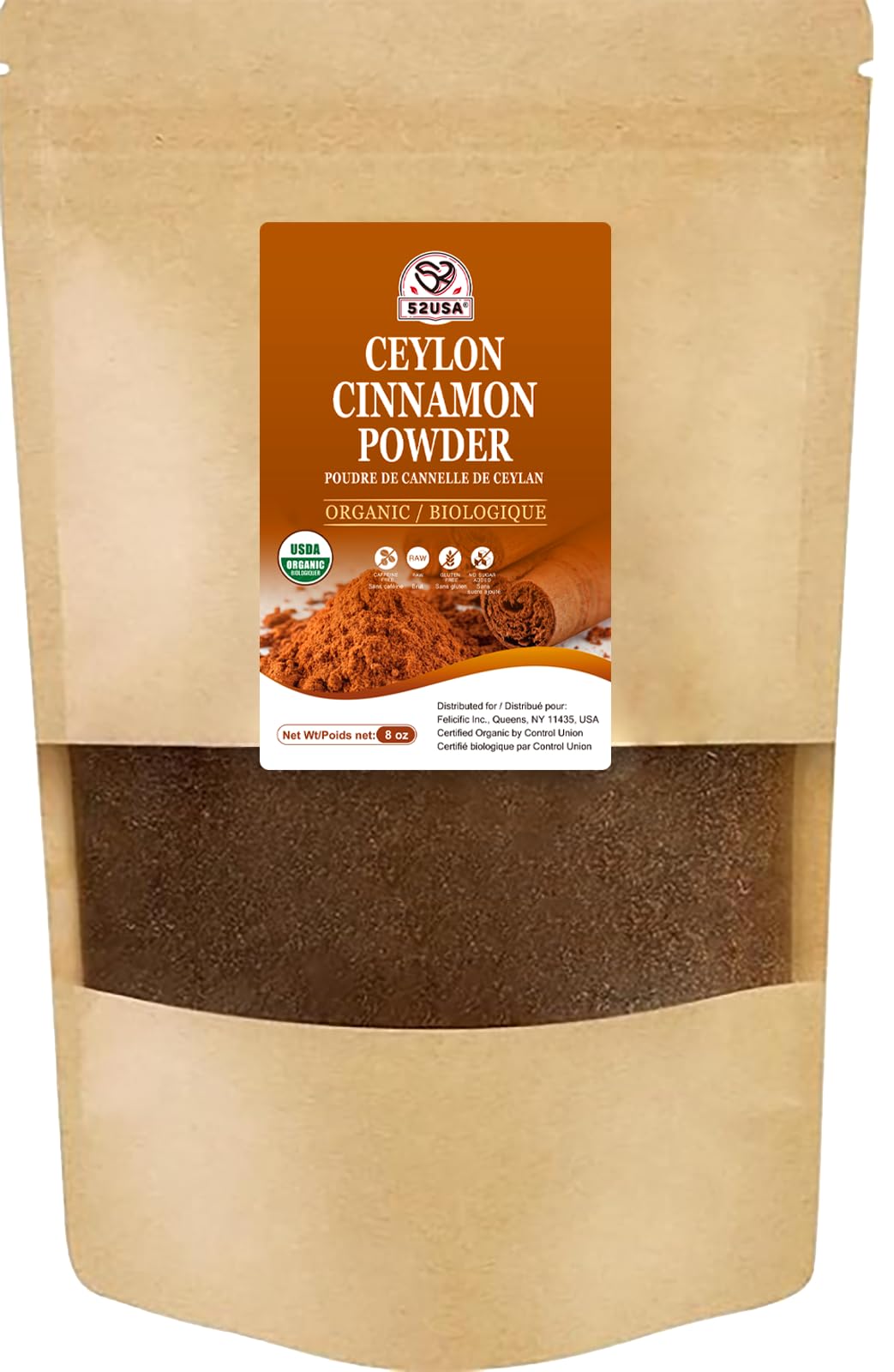 52USA Organic Ceylon Cinnamon Powder, 8oz Resealable Bag | True Cinnamon from Sri Lanka, Non-GMO, Gluten-Free, Freshly Ground for Baking, Cooking
