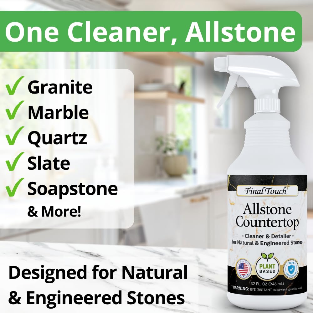 Final Touch AllStone Countertop Cleaner - Plant-Based Stone Safe Cleaning Spray with Scrub Brush - Daily Use Cleaner for Granite, Quartz, Marble