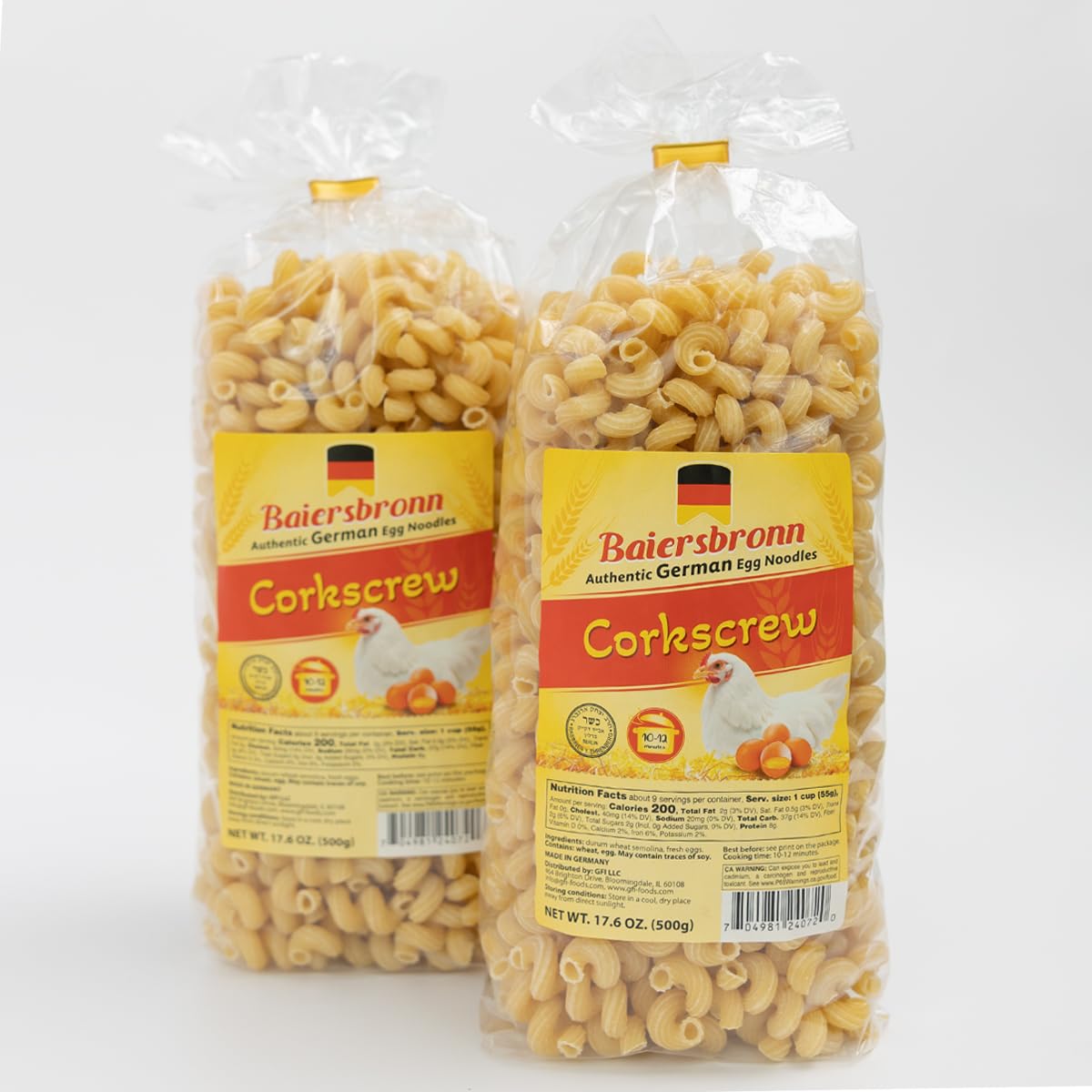 BAIERSBRONN Corkscrew Egg Noodles 2.2lb(2x1.1lb) - Authentic German Pasta, Kosher, Made with 100% Pure Durum Semolina & Fresh Eggs