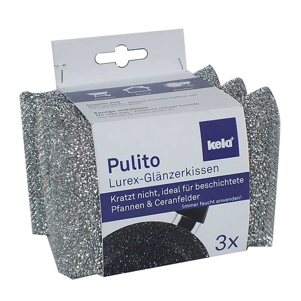 kela Sparkle sponges Pulito 3 Pieces of Polyester in Silver, 12.5 x 8 x 2.5 cm