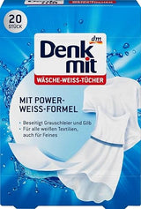DENKMIT - WHITE LAUNDRY WIPES, 20 pc - With Power White Formula - Eliminates gray and yellow haze | Germany