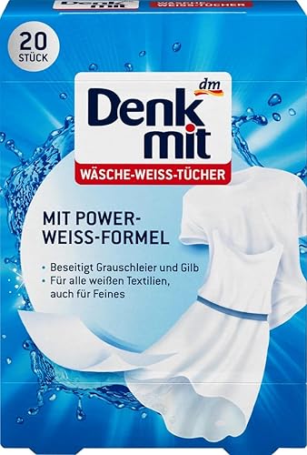 DENKMIT - WHITE LAUNDRY WIPES, 20 pc - With Power White Formula - Eliminates gray and yellow haze | Germany