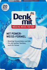 DENKMIT - WHITE LAUNDRY WIPES, 20 pc - With Power White Formula - Eliminates gray and yellow haze | Germany