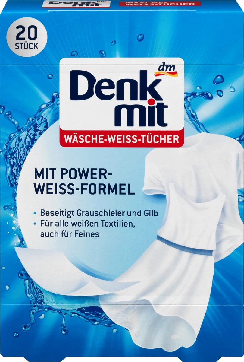 DENKMIT - WHITE LAUNDRY WIPES, 20 pc - With Power White Formula - Eliminates gray and yellow haze | Germany