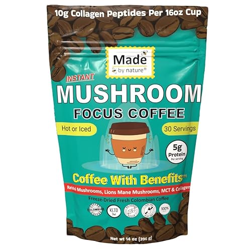 Made by Nature Mushroom & Collagen Protein Coffee | 30 Servings | Colombian Coffee | MCT | 10g Protein | Collagen Peptides | Skin, Joint, Muscle