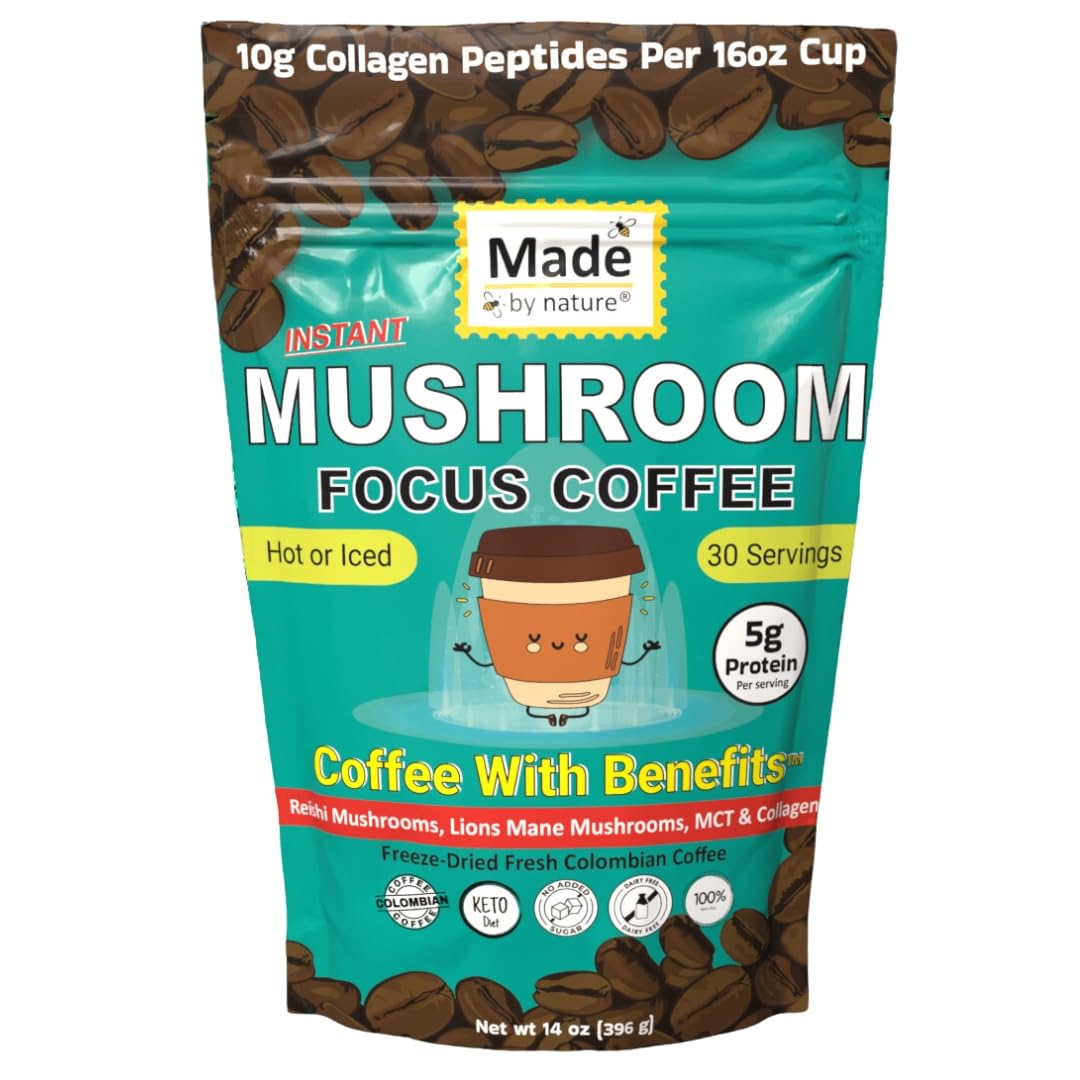 Made by Nature Mushroom & Collagen Protein Coffee | 30 Servings | Colombian Coffee | MCT | 10g Protein | Collagen Peptides | Skin, Joint, Muscle
