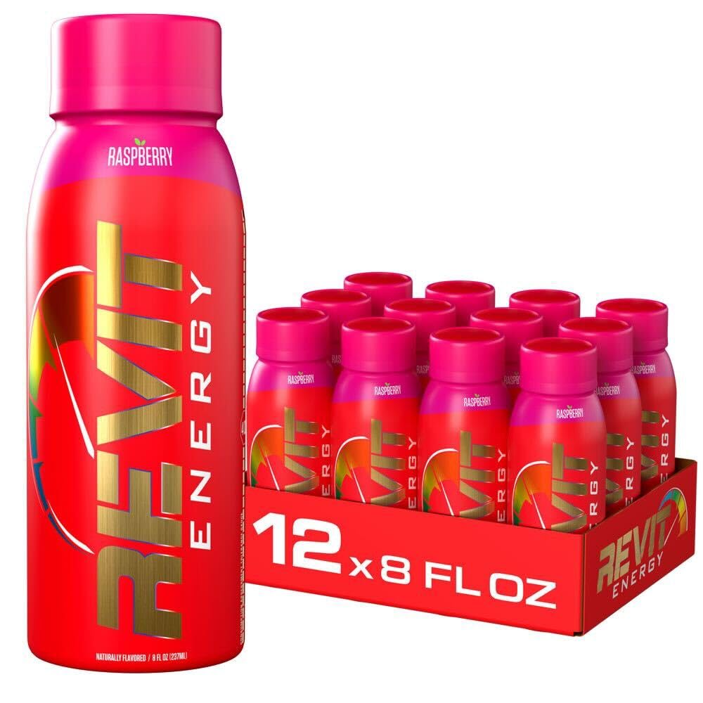 Steel Revit Energy Drink Raspberry 8oz (12-Pack) | 300mg Caffeine, 7 Essential Vitamins | Sugar-Free, Resealable Cap, All-Day Energy (1.2 PK