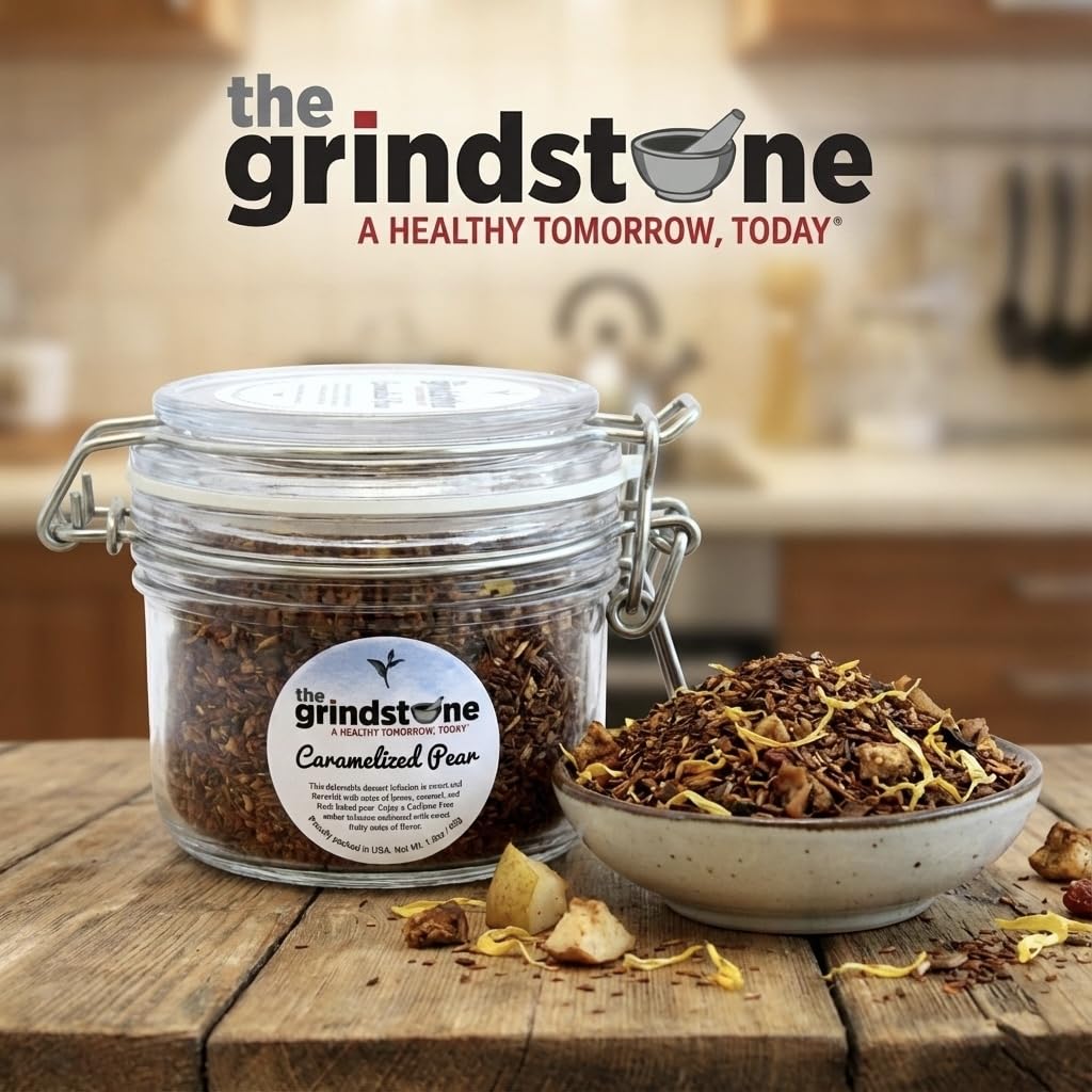 The Grindstone, Organic Caramelized Pear Tea, Fairtrade Certified, Loose leaf Tea, Caffeine Free, PET Snap-on Reusable Kilner Jars, Pack of 2