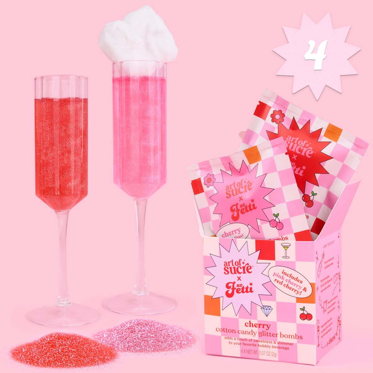 xo, Fetti x Art of Sucre Cotton Candy Glitter Drink Bombs - 4 pc Cherry Flavor, Red + Pink Edible Glitter | Bachelorette Decorations, Birthday Party