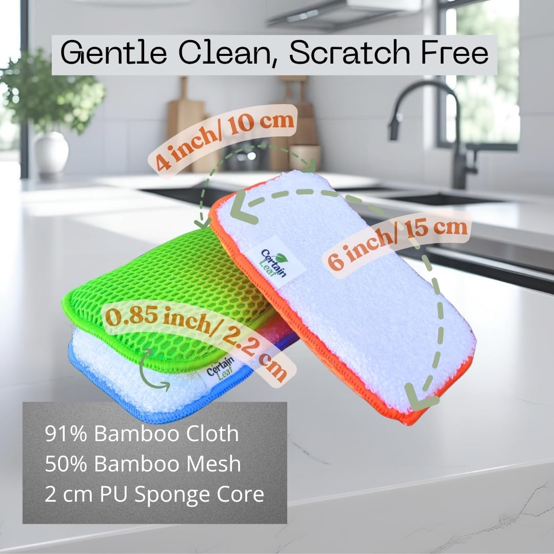 Certain Leaf Kitchen Dish Sponge Set, Dual Sided with Rayon derived from Bamboo and Mesh, Non Scratch Kitchen Cleaning Sponge Extra Absorbent Dish