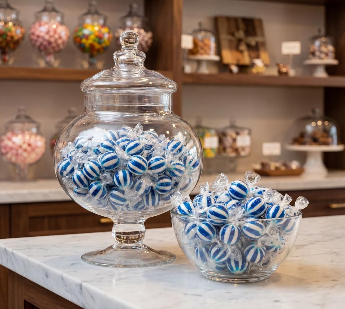 Jumbo Blue Raspberry Striped Candy Balls - 2 lbs of Fresh Individually Wrapped Blue White Sweet Hard Candy Suckers