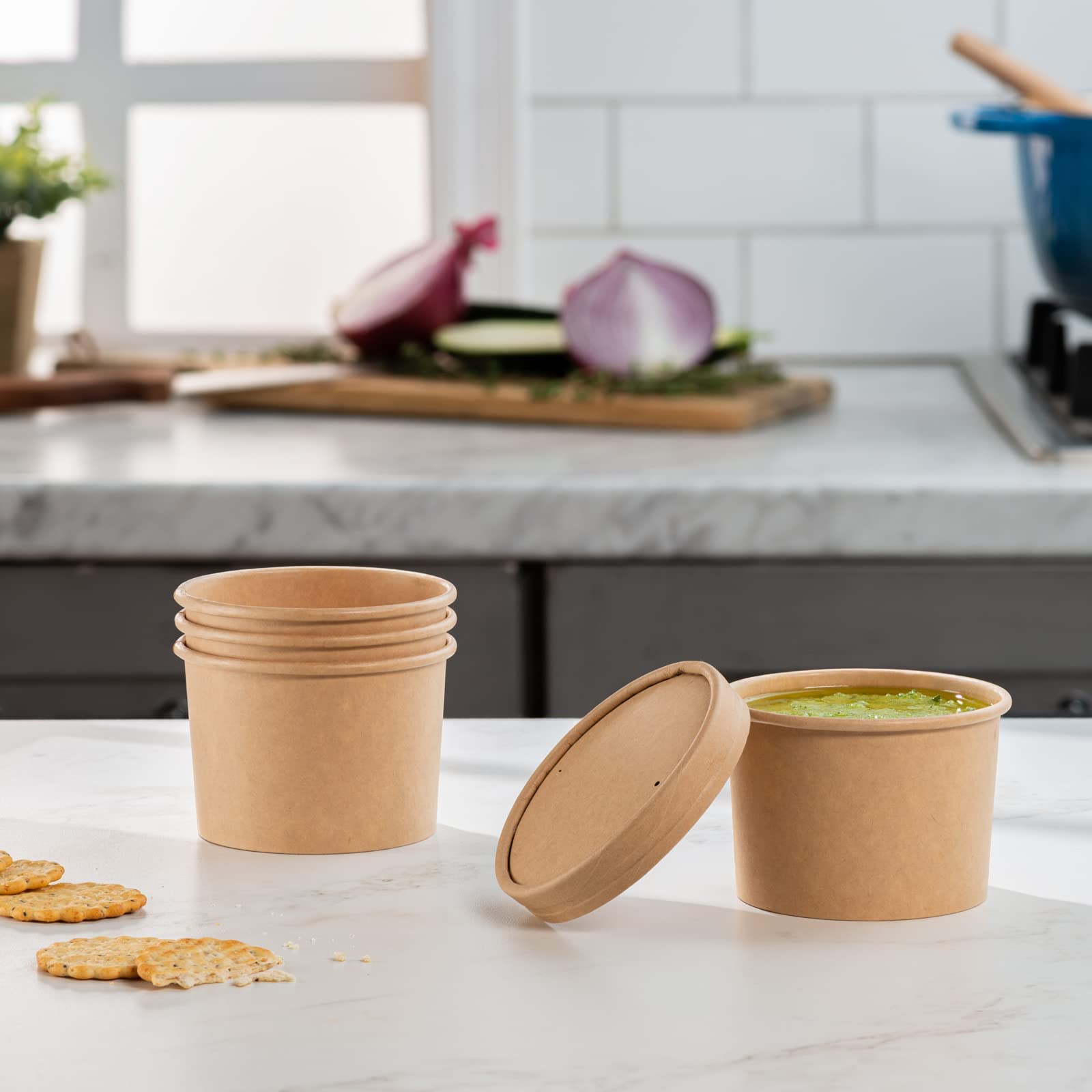 GUSTO 12 oz. Kraft Paper Food Containers with Vented Lids - [25 Count] To Go Hot Soup Bowls, Disposable Ice Cream Cups, Ideal for Hot and Cold Foods