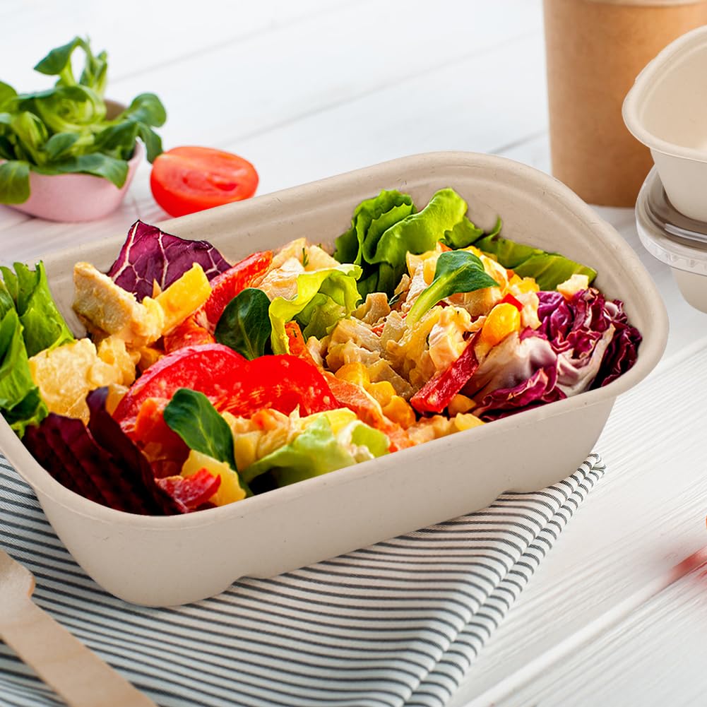 Aksipo 50 Pack 29 Oz Disposable Meal Prep Containers with Lids, Rectangle Paper Bowls with Lids for Salad,Leftovers, Leak-proof To Go Box Cardboard