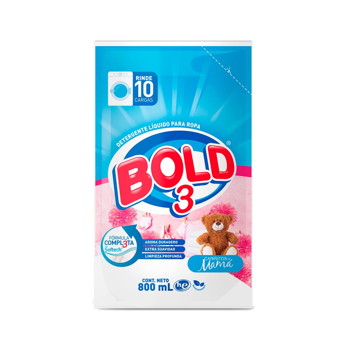 Bold 3 Liquid Laundry Detergent, Cariñitos de Mamá Scent, 800mL, 3 Pack