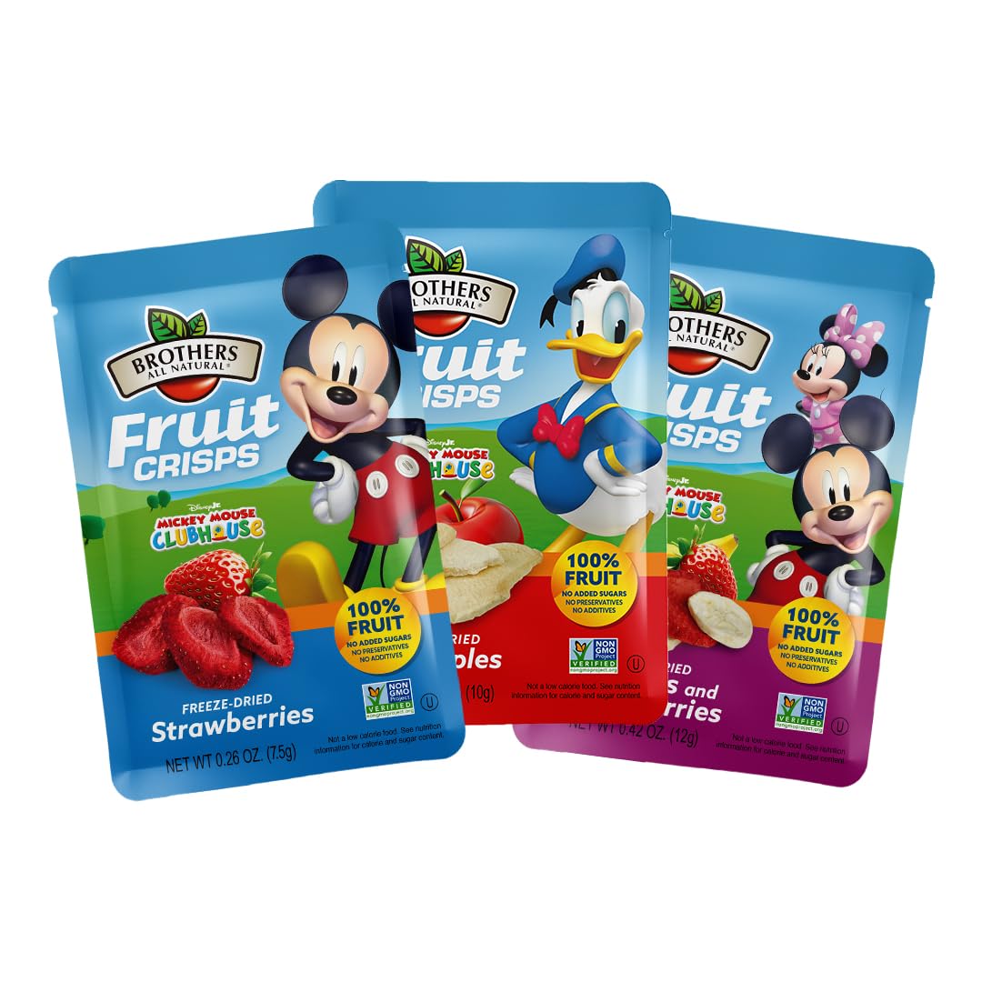 Brothers All Natural Disney Freeze Dried Fruit Crisps, Variety Pack, 12 Single Serve Bags, Fuji Apple, Strawberry, Strawberry and Banana, Made