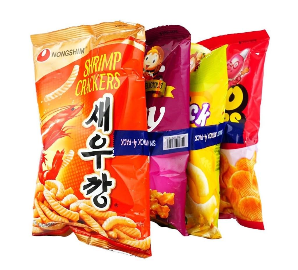 4 Packs Top Snack Selection Pack,Shrimp Crackers + Banana Crisps + Honey Twist + Tako Chips 9 oz