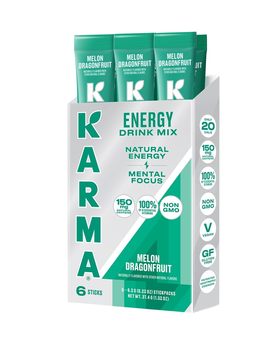Karma Energy Hydration Packets - 6 Pack, Melon Dragonfruit Drink Mix with Cognizin® Nootropics, Vitamins & Immune Support, Low Calorie