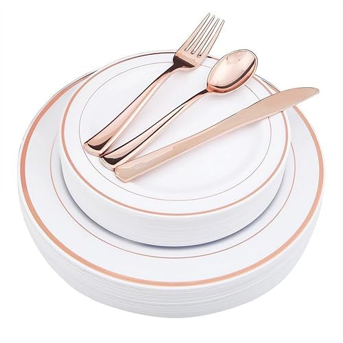 WDF-125PCS Rose Gold Plastic Silverware&Disposable Plastic Plates - Disposable Plates include 25 Dinner Plate,25 Salad Plate,25 Forks, 25 Knives, 25