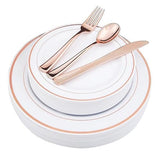 WDF-125PCS Rose Gold Plastic Silverware&Disposable Plastic Plates - Disposable Plates include 25 Dinner Plate,25 Salad Plate,25 Forks, 25 Knives, 25