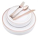 WDF-125PCS Rose Gold Plastic Silverware&Disposable Plastic Plates - Disposable Plates include 25 Dinner Plate,25 Salad Plate,25 Forks, 25 Knives, 25