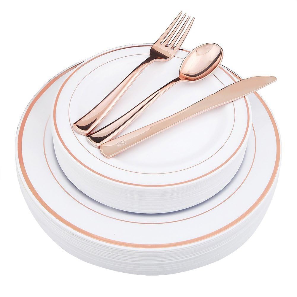 WDF-125PCS Rose Gold Plastic Silverware&Disposable Plastic Plates - Disposable Plates include 25 Dinner Plate,25 Salad Plate,25 Forks, 25 Knives, 25