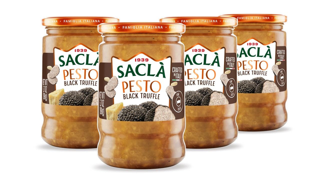 SACLA Pesto with Black Truffle 4-Pack | Italian Pesto Sauce with Real Truffle & Cheese | FOUR 6.7 oz Glass Jars | Gourmet Non-GMO Paste | Imported