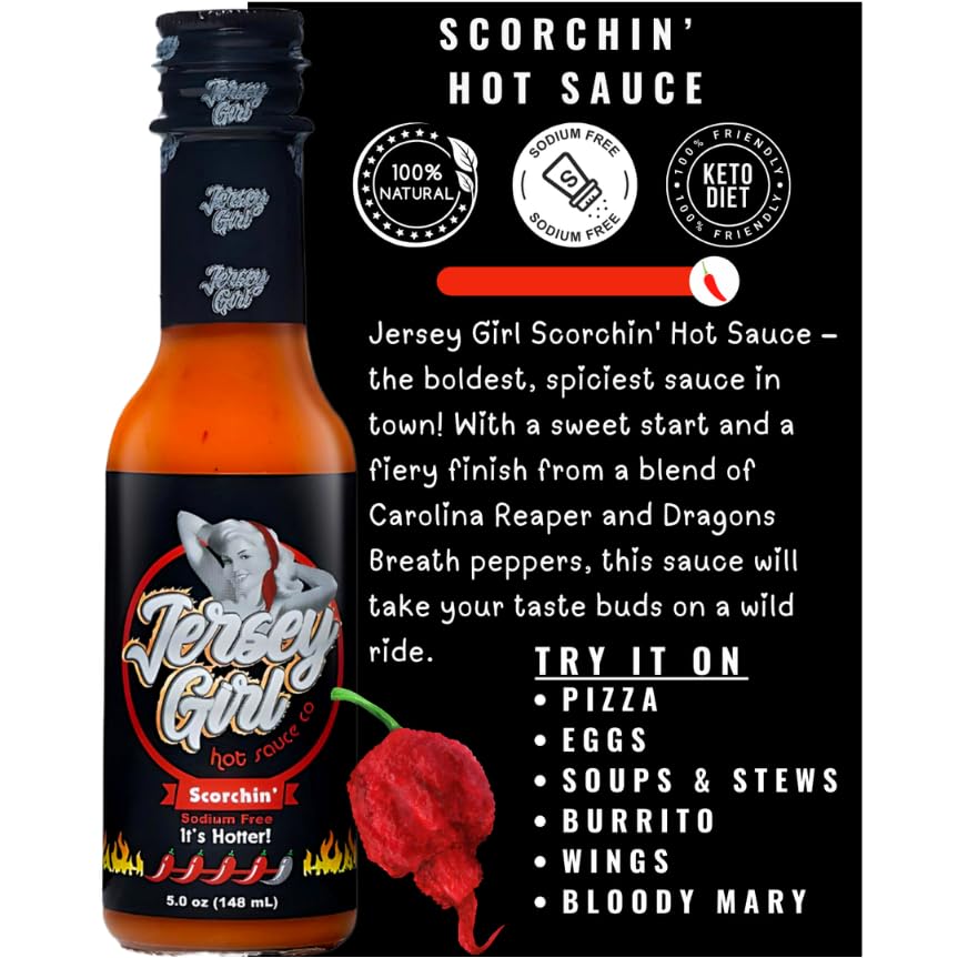 Jersey Girl Hot Sauce 5oz (Variety Pack 3, Classic Habanero, Sizzlin Ghost Pepper & Scorchin' Carolina Reaper) Sodium Free Hot Sauce Set