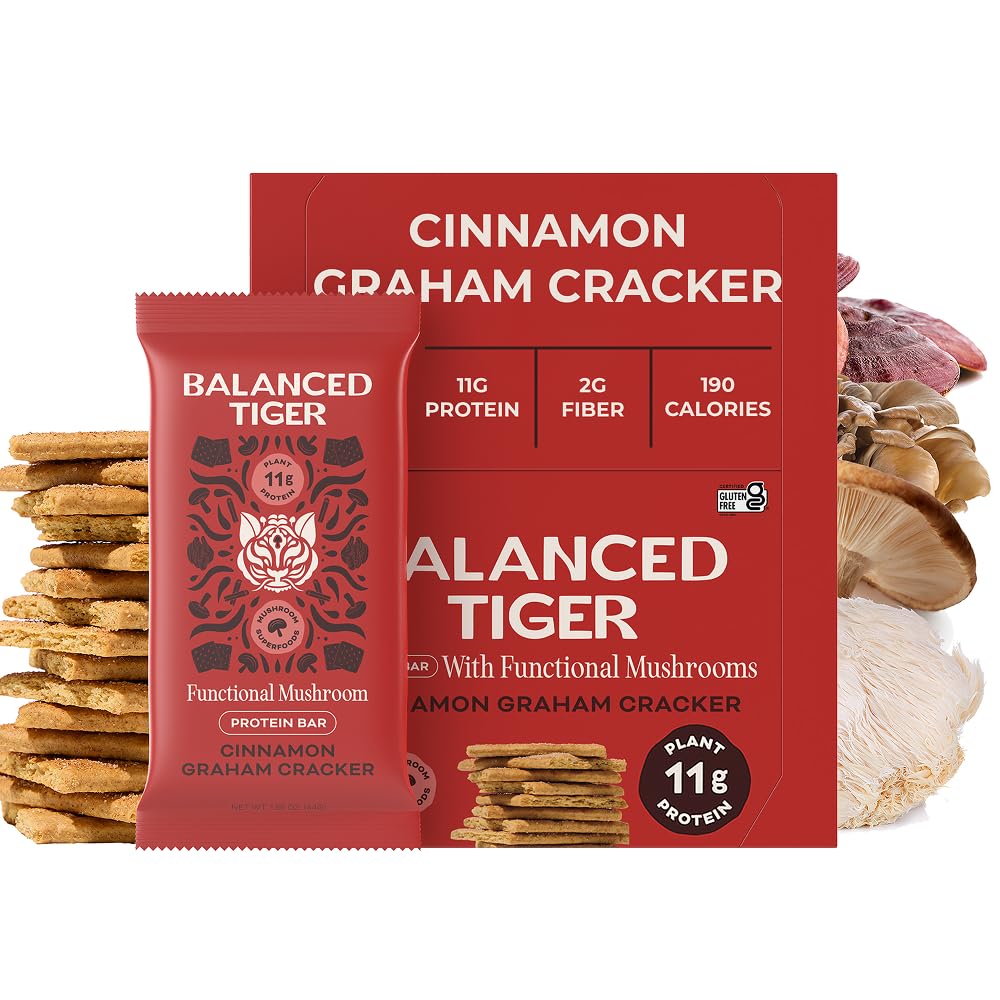 Balanced Tiger Vegan Protein Bars | Plant Based Protein Bars w/Functional Mushrooms - Lions Mane, Shitake, Reishi & Maitake | Peanut Butter Banana