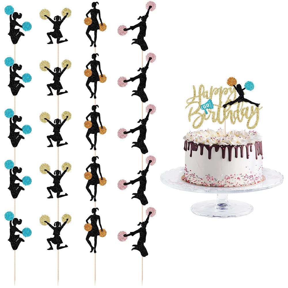 21 piece set Cheerleader Happy birthday cake topper-Cheerleading gymnastics cupcake top hat -cheerleader gymnast girl cake selection gym theme