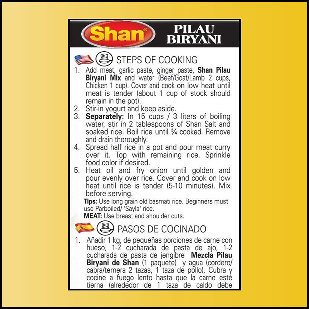 Shan Pilau Biryani Recipe and Seasoning Mix 1.76 oz (50g) - Spice Powder for Mughal Style Meat Layered Pilaf - Suitable for Vegetarians - Airtight Bag