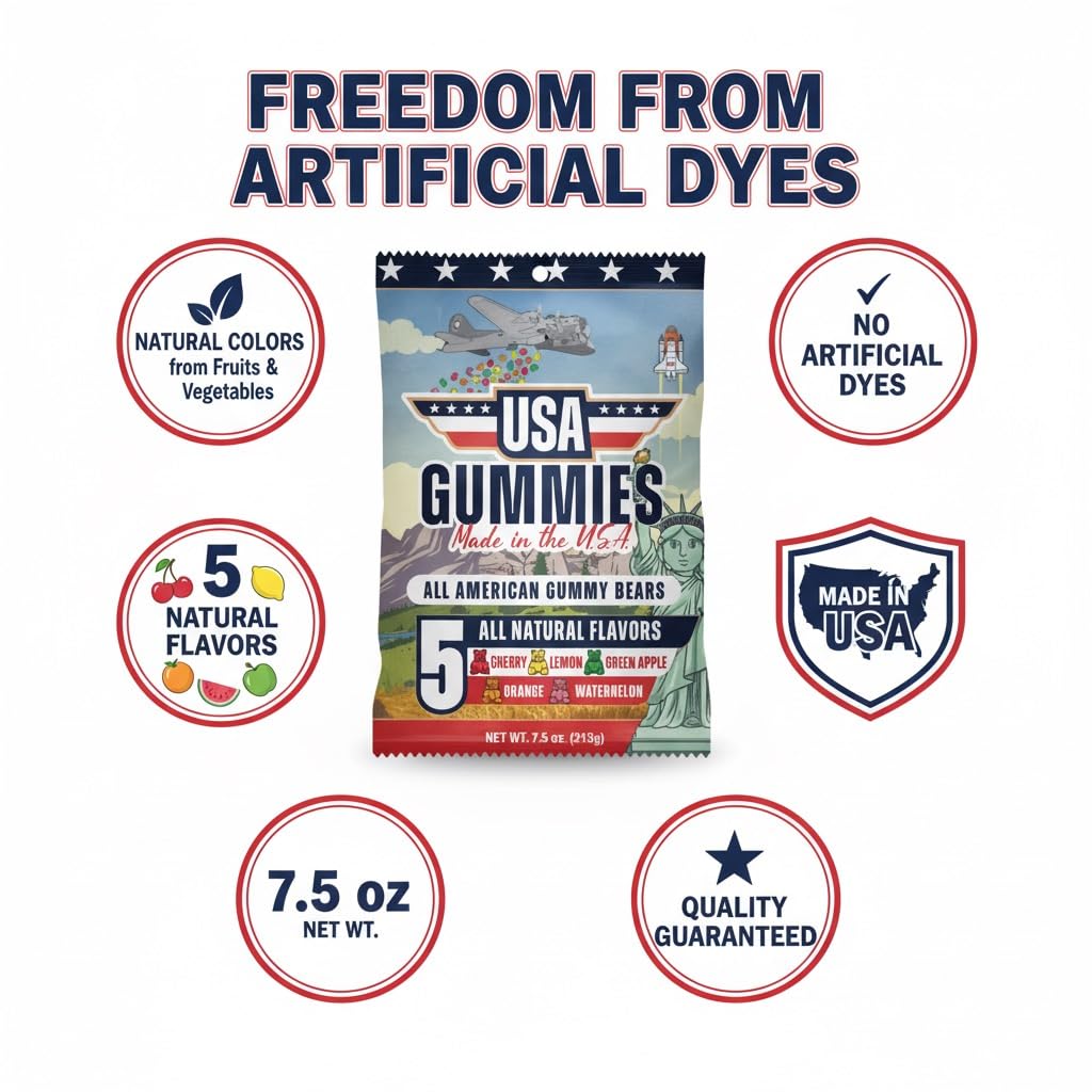USA Gummies Dye Free Gummy Bears - Red Dye Free Candy Made in USA, No Artificial Colors, Natural Fruit Flavors, Fat Free, Non-GMO, Allergen Free, 7.5